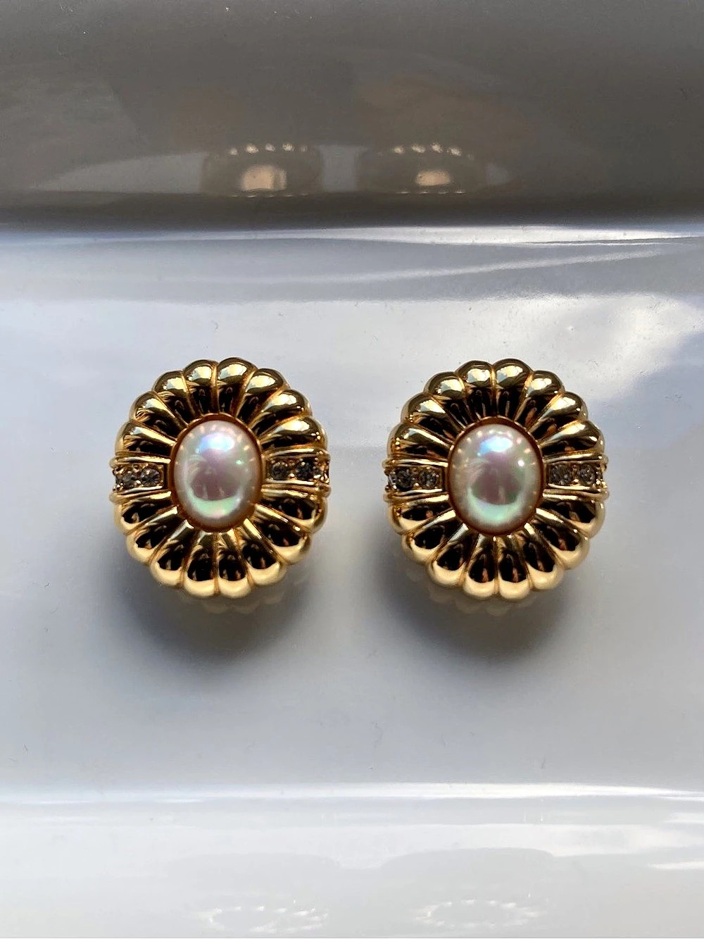 Vintage Christian Dior Faux Mabé Pearl Crystal Fluted Clip-On Earrings Gold